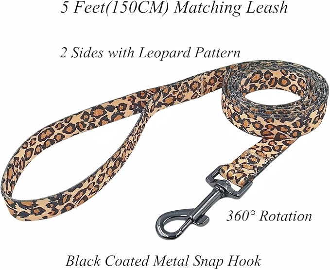 Dog Collar Leash Set, Leopard Pattern, Polyester Material, Adjustable Collar and 5ft Matching Leash, for Large Dogs.(L, Brown Leopard)