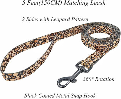 Dog Collar Leash Set, Leopard Pattern, Polyester Material, Adjustable Collar and 5ft Matching Leash, for Large Dogs.(L, Brown Leopard)