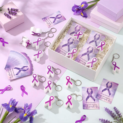 Gerrii 24 Sets Purple Ribbon 3D Fidget Keychains Lupus Awareness Products with Inspirational Cards 3D Press Stress Relief Sensory Gifts for Epilepsy, Alzheimer, Lupus Charity Event Gifts(Purple )