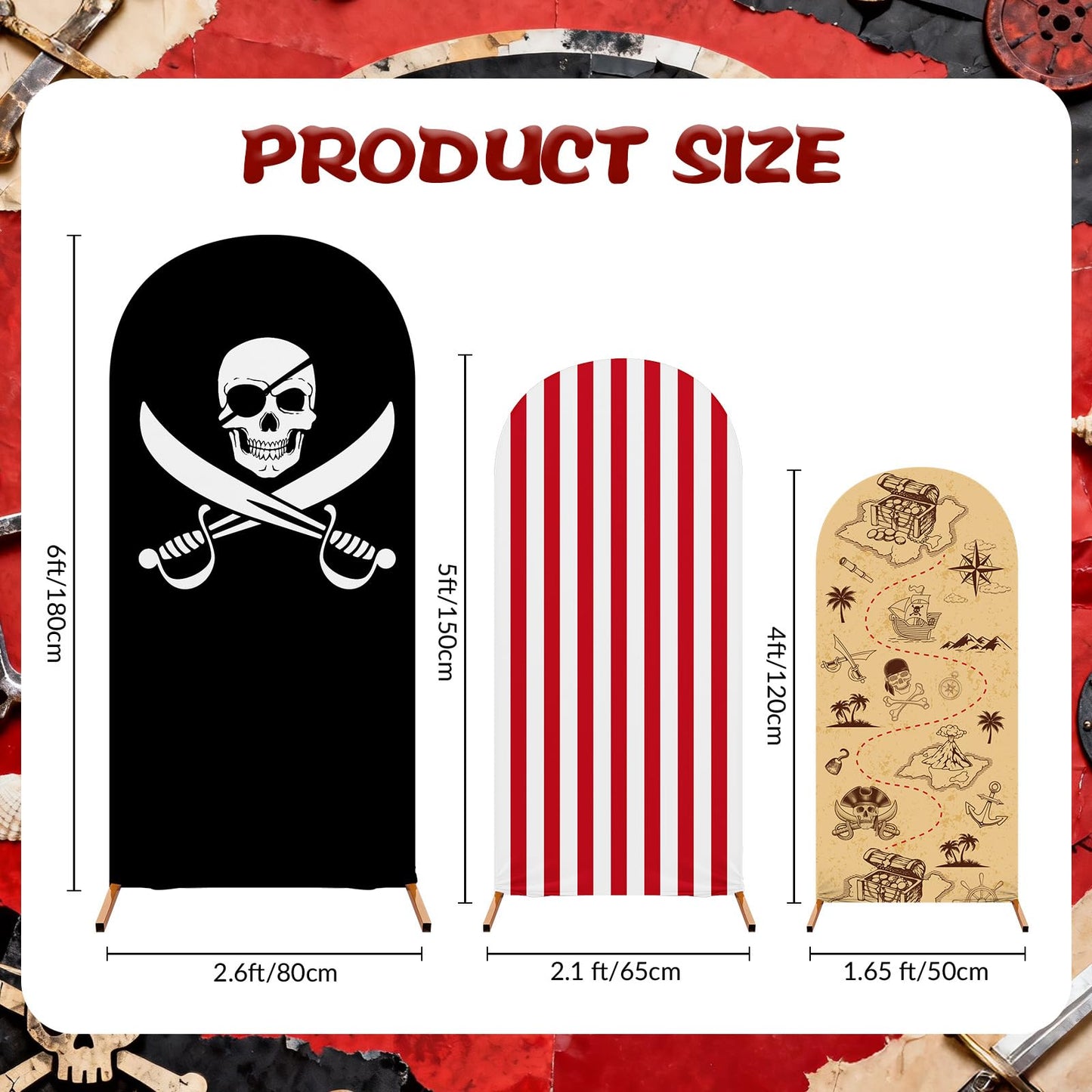 Tingjoo 3 Pcs Pirates Party Arch Backdrop Stand Cover Spandex Fitted Theme Arch Cover 4ft, 5ft, 6ft Photo Background Props for Pirate Birthday Party Decoration