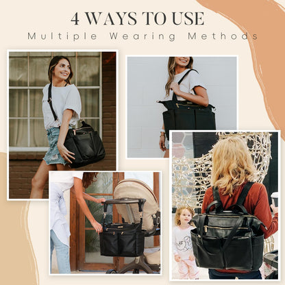 miss fong Diaper Bag Tote Leather Diaper Bag Backpack Pañaleras Para Bebe with 15 Pockets,Leather Diaper Tote with Diaper Changing Pad, Baby Bag for Moms Mommy Bag for Women-Black