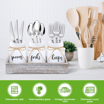 Tiangrid 4 Pcs Silverware Utensil Holder Mason Jar with Wooden Utensil Organizer for Kitchen Countertop Forks Spoons Knives Storage White Farmhouse Kitchen Caddy Glass Cooking Decor for Party