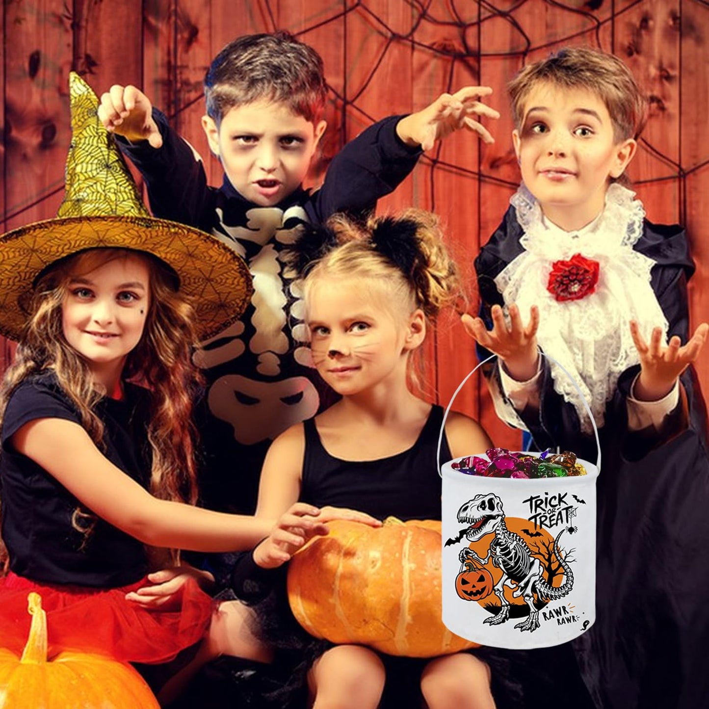 FXOCSHE Halloween Trick or Treat Bucket,Cute bucket,candy tote with handles,party supplies,holiday party decoration gift basket(Dinosaur Halloween)