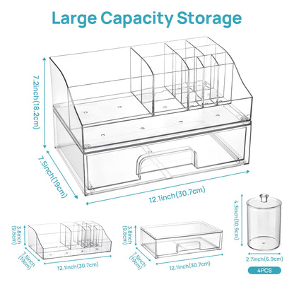 Vtopmart 6 PCS Bathroom Countertop Organizer, 1 Divided Tray with 4 Qtip Holder Jars and 1 Drawers, Restroom Clear Organizers for Toothbrush, Cotton Pads, Vanity Accessories Storage Set