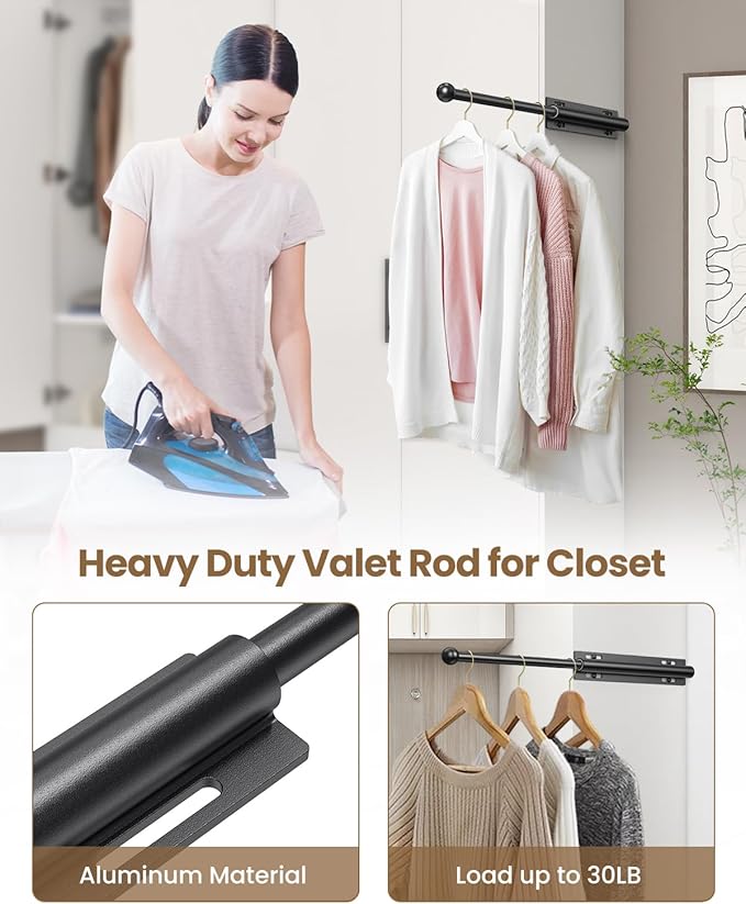 Supforce 16.5" Valet Rod for Closet Pull Out, Retractable Slide Out Valet Rod Closet Organization, Aluminum Valet Clothing Hanger Rods Perfect for Suits, Dresses & Freshly Pressed Clothes, Black