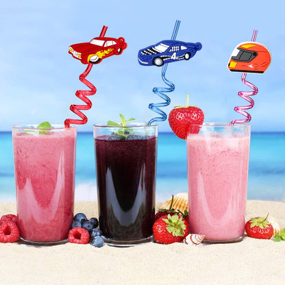 24Pcs Race Car Reusable Straws Party Decorations Birthday Party Supplies Drink Markers with 2Pcs Cleaning Brushes