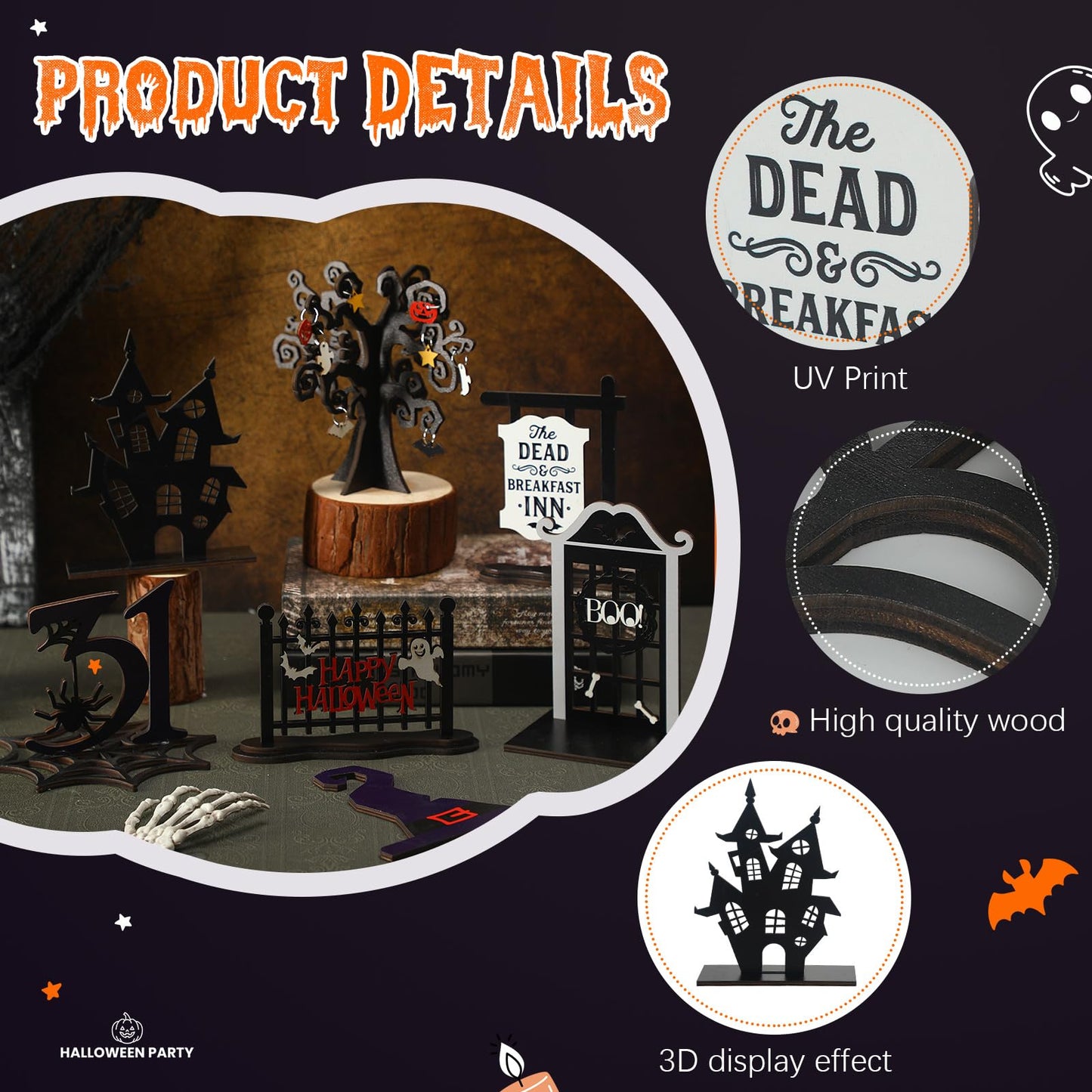 Soaoo 7 Pcs Halloween Wood Centerpieces Decorations 3D Halloween Tiered Tray Wood Decor Spooky Theme Decorations Ghost Party Table Topper for Home Table Shelf Party Display Centerpieces Photo Prop