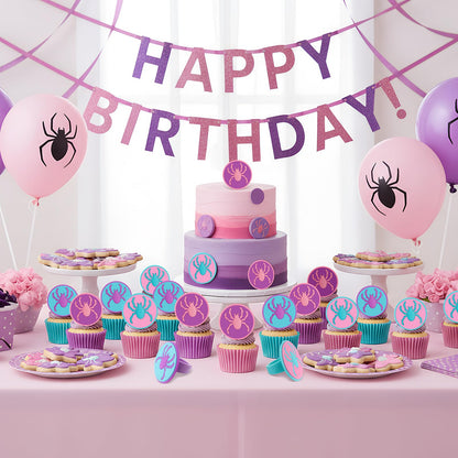 RoundFunny 48 Pcs Spider Cupcake Toppers Cake Decorations Spider Birthday Party Decoration Cupcake Dessert Rings Toppers for summer Party Gifts Classroom Prizes(Teal/Purple/Pink)