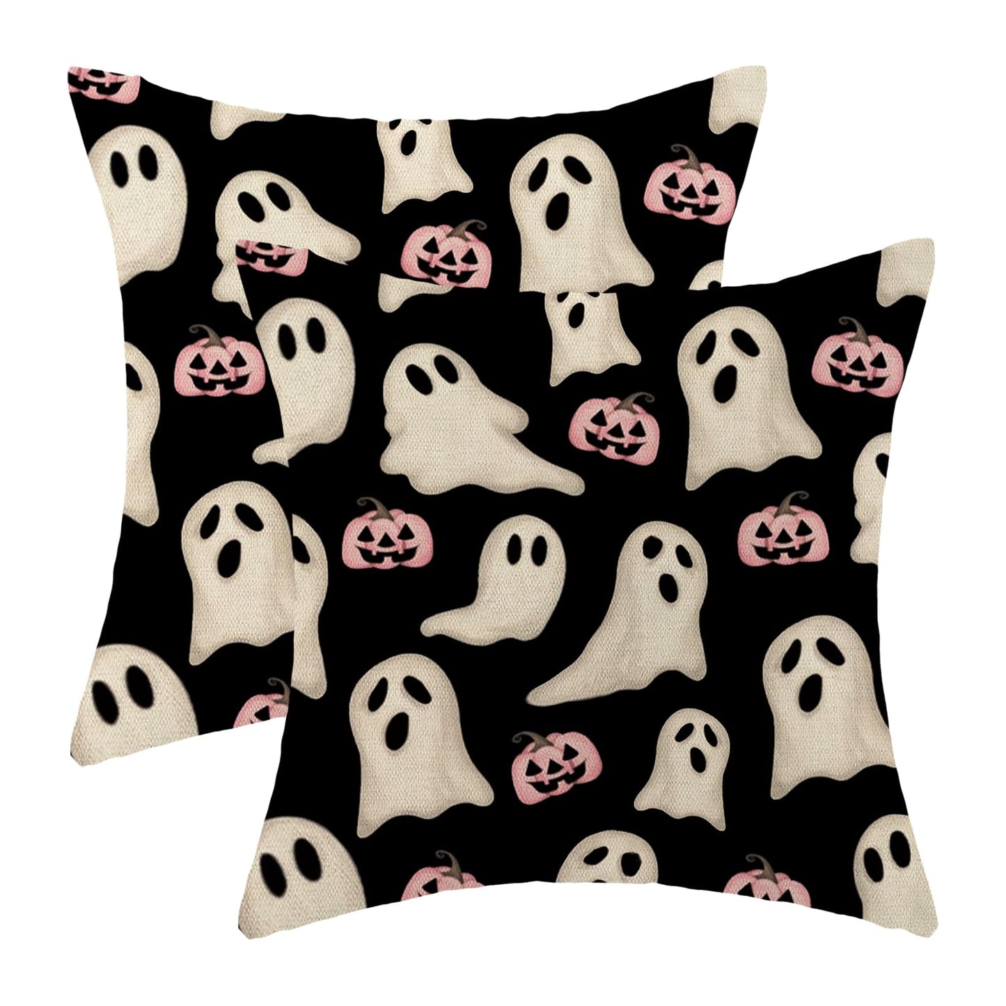 Halloween Pillow Covers 18x18 Inch Set of Black Pink Ghost Pumpkin Throw Pillow Covers Outdoor Decor,Autumn Halloween Decoration Ghost Farmhouse Linen Decorative Cushion Cover for Sofa Couch