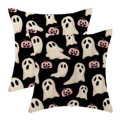 Halloween Pillow Covers 18x18 Inch Set of Black Pink Ghost Pumpkin Throw Pillow Covers Outdoor Decor,Autumn Halloween Decoration Ghost Farmhouse Linen Decorative Cushion Cover for Sofa Couch