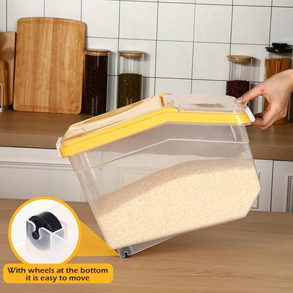 Sunnyray 4 Pcs Rice Storage Container 28 lb Airtight Flour Container with Wheels Measuring Cup Clear Pet Dog Birds Cat Food Bin Grain Cereal Organizer Box for Dry Baking Supplies(Yellow Lid)