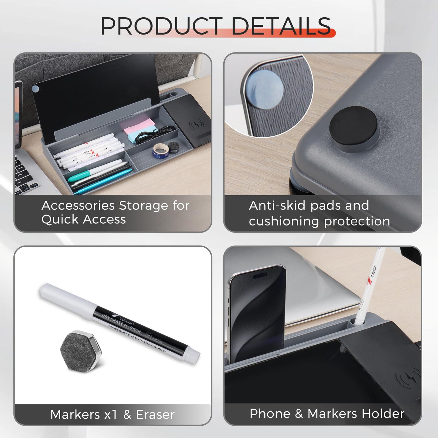 TOWON Glass Desk Whiteboard with Wireless Charger, Desktop Dry Erase Board with Storage & Phone Stand – Compact ~16 x 7 in, Black – Includes Marker & Eraser, Tempered Glass, Rewrite Reusable