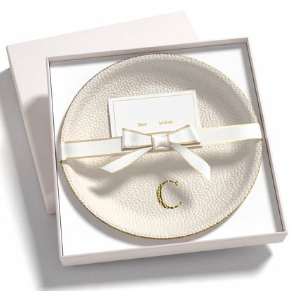 AUTYANL Initial Jewelry Dish for Women, Shatterproof Vegan Leather Ring Holder with Stainless Steel Core, Personalized Monogram Trinket Tray, Birthday Bridesmaid Gift with Box (Cream Letter C)