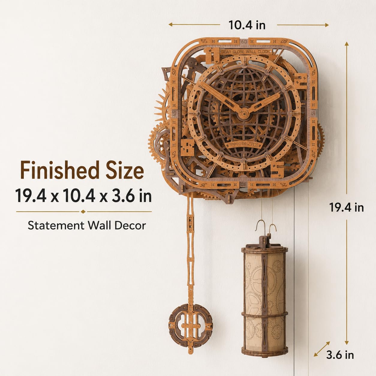WOODEN.CITY 3D Wooden Puzzle – Gear Globe Wall Clock | Wooden Clock Puzzle Model Building Kit for Adults | 369 Pieces | Mechanical 3D Puzzle Clock | No Glue Required | Made in EU