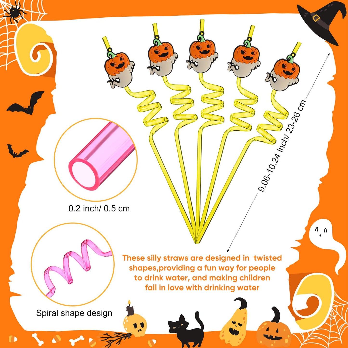 Potchen 80 Pcs Halloween Party Favors Straws Reusable Plastic Straws for Halloween Pumpkin Ghost Witch for Party Favors Supplies Birthday Decoration