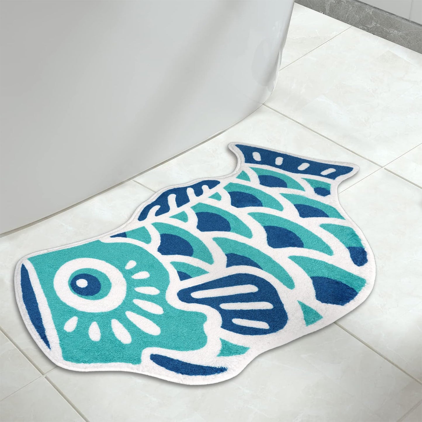 Kitcmat Cute Fish Bath Mat Non-Slip Absorbent Bathroom Rug in Japanese Koi Flag Shape Funky Soft Washable Bath Mat for Bathroom, Shower, Room 17.7"x33.5", Cyan
