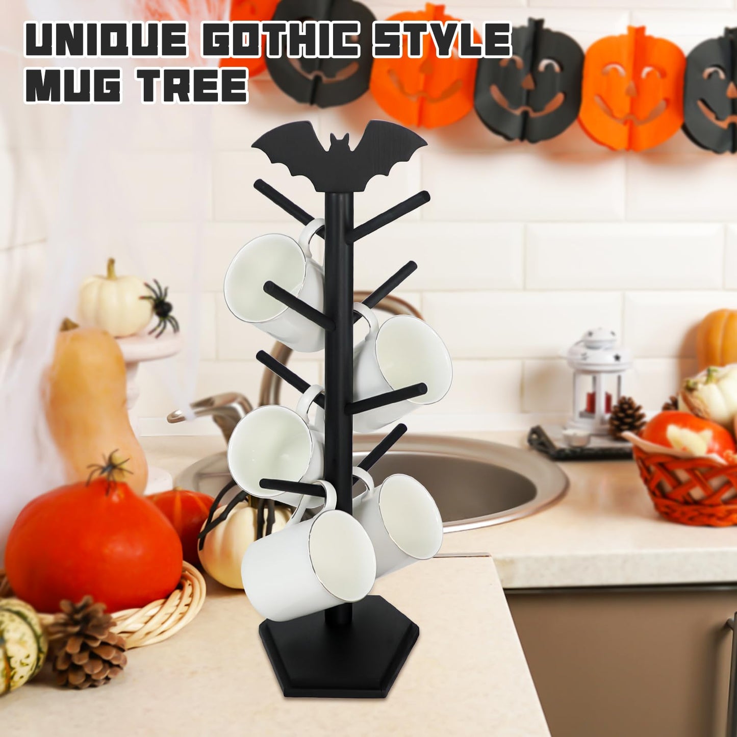 RSSCIIIUL Bat Mug Holder Tree - 8 Hooks Rack for Gothic Home Decor - Wood Mug Tree for Countertop - Cup Holder for Halloween Kitchen Organizer & Coffee Bar Accessories