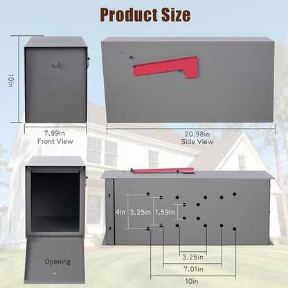 Large Mailboxes for Outside Post Mount Mailbox, Metal Mail Box with Magnetic Latch, Galvanized Steel Modern Mailbox for House Outside, 20.9 x 7.9 x 10 Inches, Gray