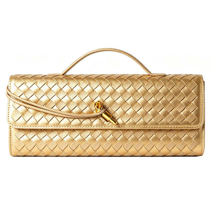 Hoochie Masa Woven Clutch Purse for Women Designer Shoulder Handbag Leather Crossbody Evening Bag with Detachable Chain (Gold)