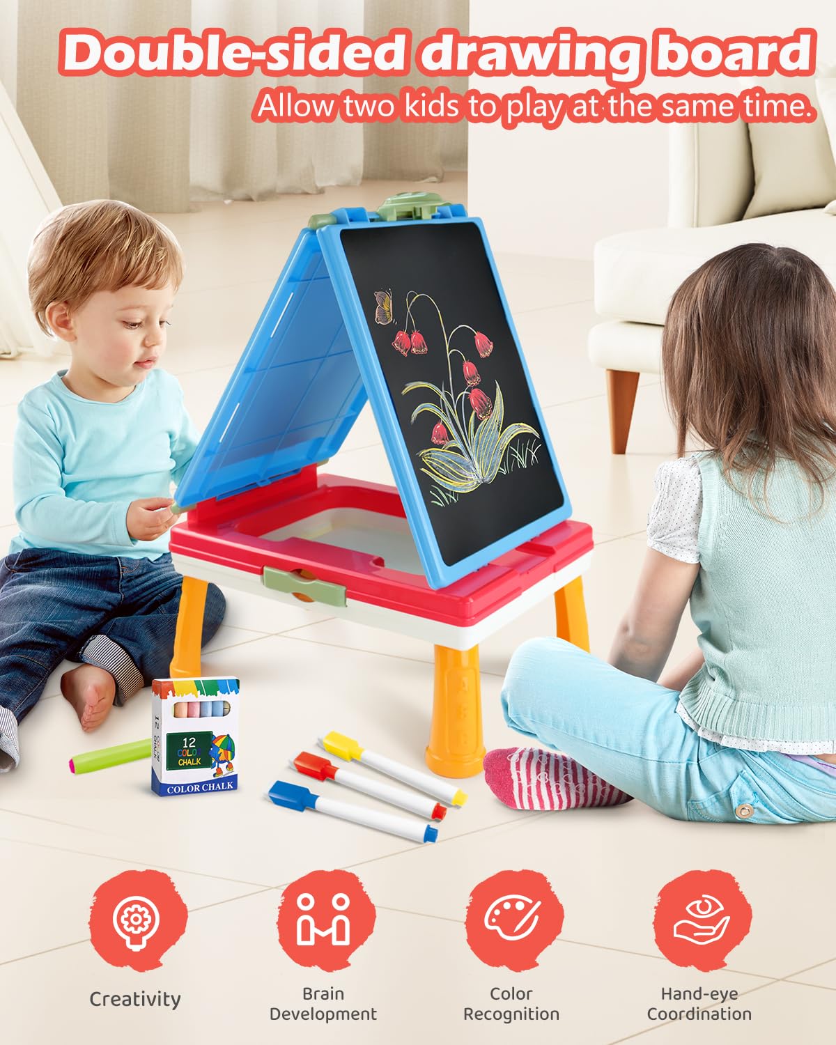 Elovien Foldable Art Easel for Kids, Double Sided with Chalkboard & Magnetic Dry Erase Board, Height Adjustable Desktop Easel, Educational Gift for Girls (Pink)