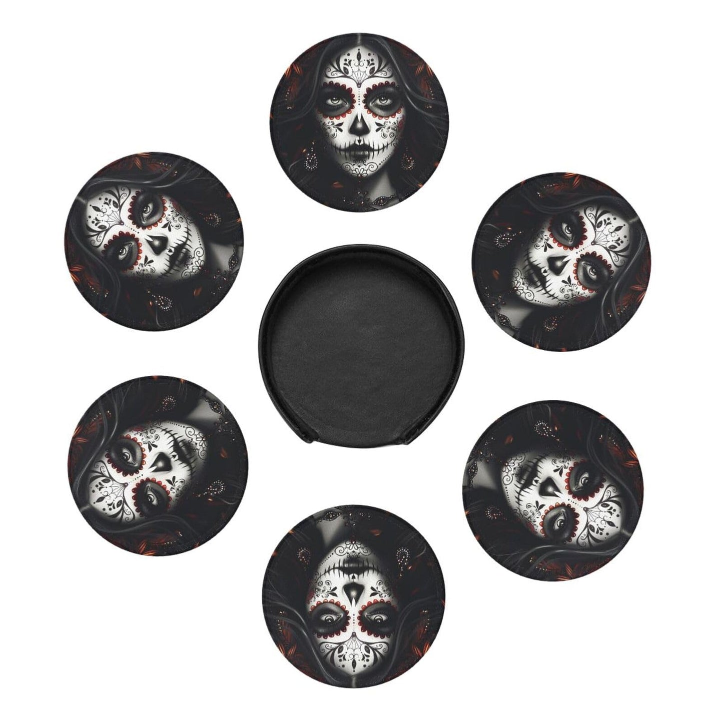 Sugar Skull Coasters with Holder Leather Coasters for Drinks Set of 6 Funny Halloween Drink Coasters Sets for Living Room Kitchen Coffee Bar Holiday Decor