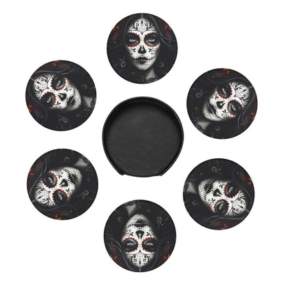 Sugar Skull Coasters with Holder Leather Coasters for Drinks Set of 6 Funny Halloween Drink Coasters Sets for Living Room Kitchen Coffee Bar Holiday Decor