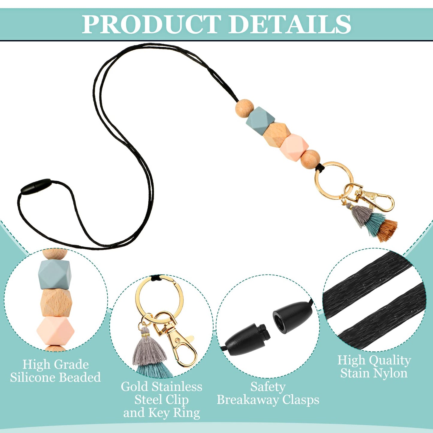 Outus 4 Pcs Teacher Lanyards with Badge Holders, Beaded ID Holder Lanyard for Teachers, Classroom Essentials for Teachers, Back to School Teacher Supplies, Staff Badge Key Holder