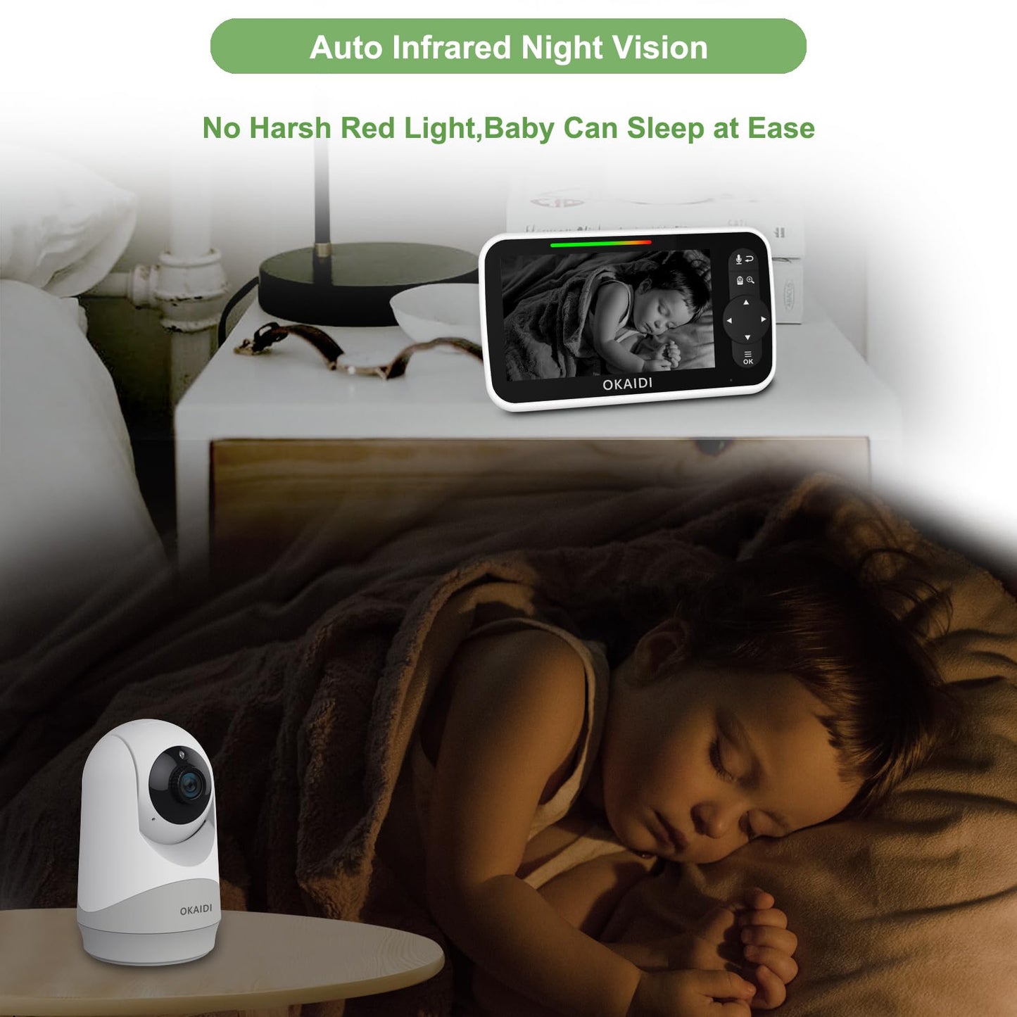 OKAIDI Baby Monitor with Camera and Audio, 5" Large Screen with 30-Hour Battery, 1000ft Range Video Baby Monitor, Remote Pan-Tilt-Zoom Baby Monitor No WiFi, Night Vision, VOX, 2-Way Talk, 8 Lullabies