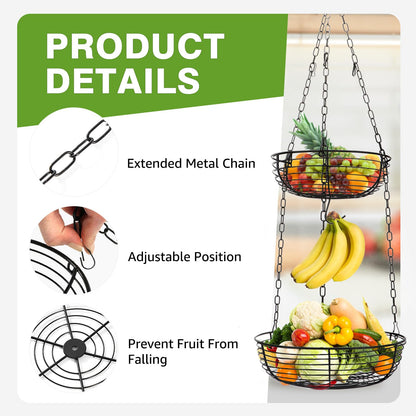 HULISEN 3 Tier Hanging Fruit Basket with Banana Hook, 36-Inch Heavy-Duty Wire Hanging Baskets for Kitchen Storage, Vegetable Produce Organizer (Including Installation Bracket)