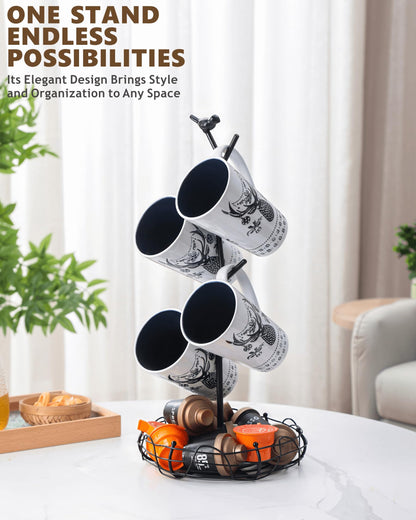 Ouseen Coffee Mug Holder for Countertop, Mug Tree with Bird's Nest Storage Basket, Holds 4 Large Mugs (20oz Compatible), Whimsical Kitchen Decor, Coffee Bar Accessories (Black)