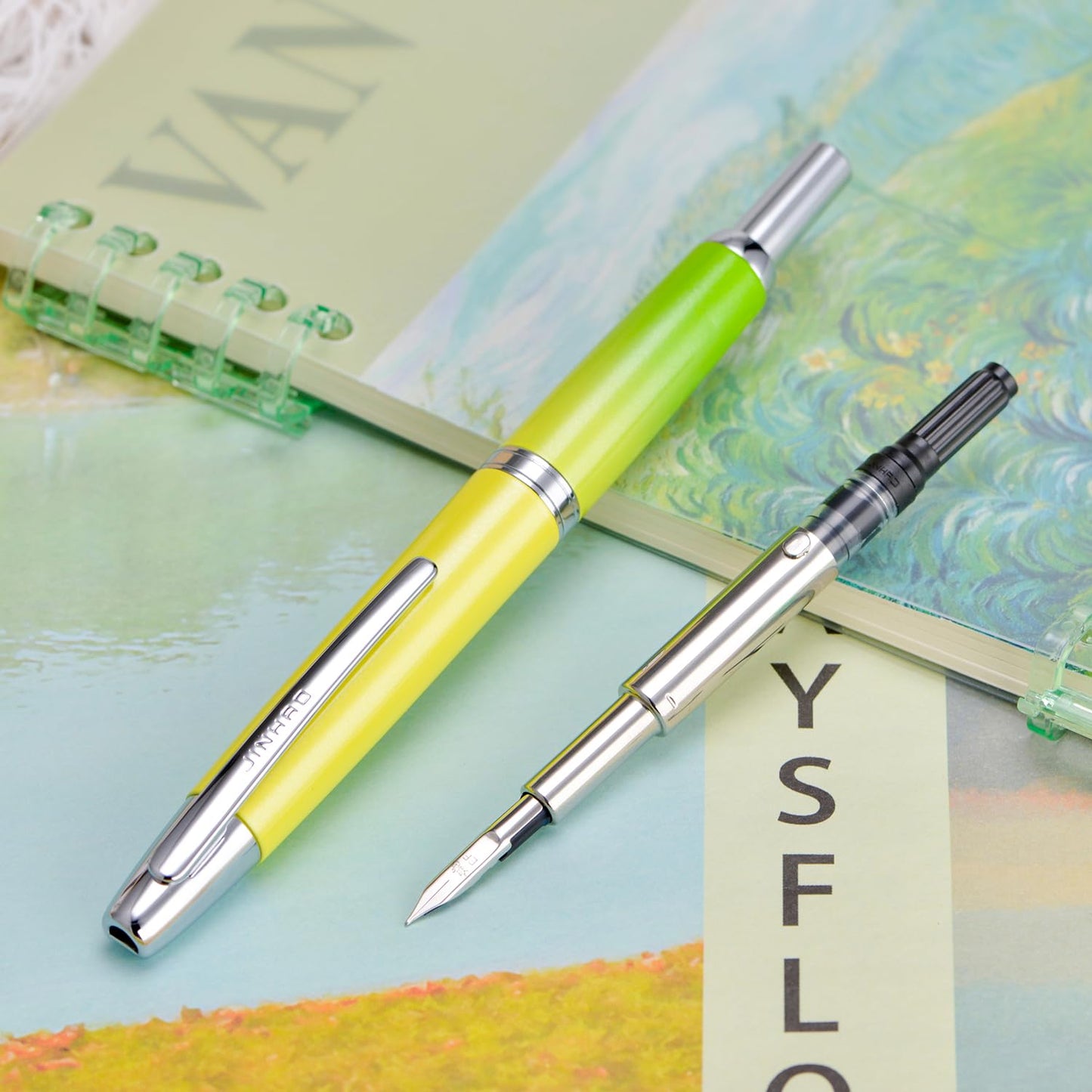 Jinhao 10 Press Fountain Pen with Box, Gradient Green Retractable Extra Fine Nib with Ink Converter Set (Silver Clip)