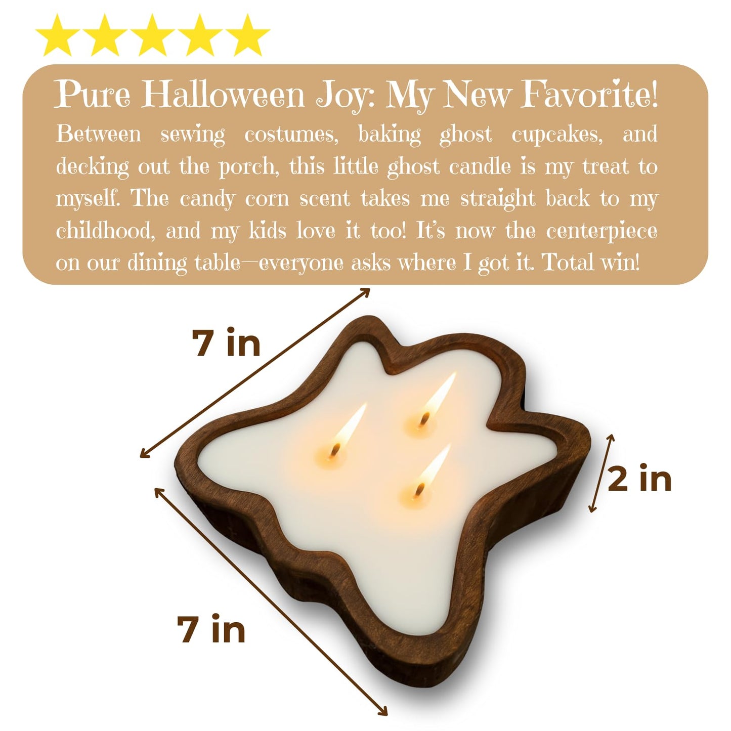 Dough Bowl Candle Co. Ghost Candles - 7x7x2in Halloween Candles, Wooden Fall Candle Decorations with Candy Corn Scent, Cute Fall Room Decor, 100% Soy Wax, Autumn Aesthetic with 35h Burn Time