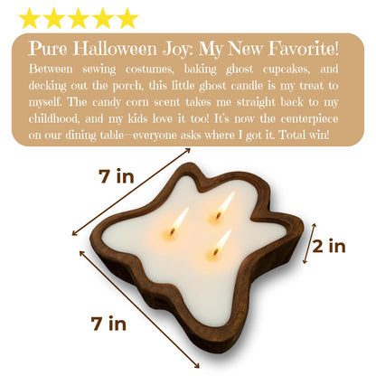 Dough Bowl Candle Co. Ghost Candles - 7x7x2in Halloween Candles, Wooden Fall Candle Decorations with Candy Corn Scent, Cute Fall Room Decor, 100% Soy Wax, Autumn Aesthetic with 35h Burn Time