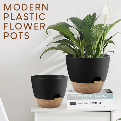 YNNICO Plant Pots 10/9/8/7.5/7 inch, Self Watering Planters with Drainage Holes & Saucers for Indoor and Outdoor Plants (Black)