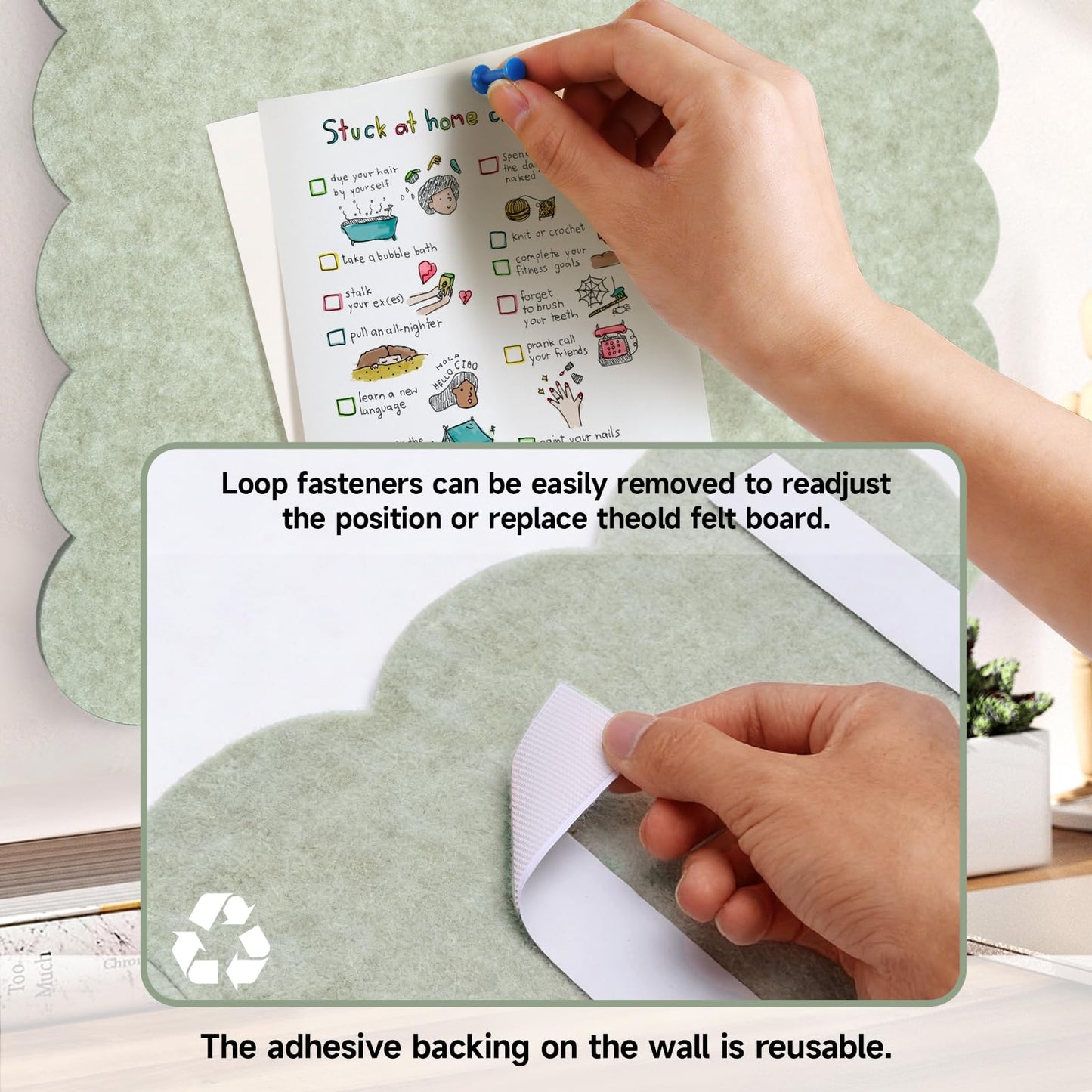 Felt Bulletin Board 36" x 24" Cork Board Alternative,Decorative Felt Pin Board Foldable Cork Boards for Walls Self-Adhesive Cork Board for Home Office Classroom Pin Board (Sage Green)