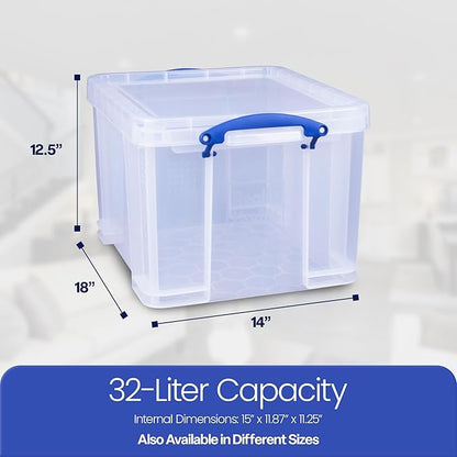 Really Useful Box 32 Liters Storage Bin Container with Snap Lid and Clip Lock Handles for Lidded Home and Office Storage Organization, 6 Pack
