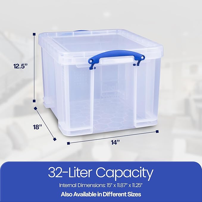 Really Useful Box 32 Liters Storage Bin Container with Snap Lid and Clip Lock Handles for Lidded Home and Office Storage Organization, 12 Pack