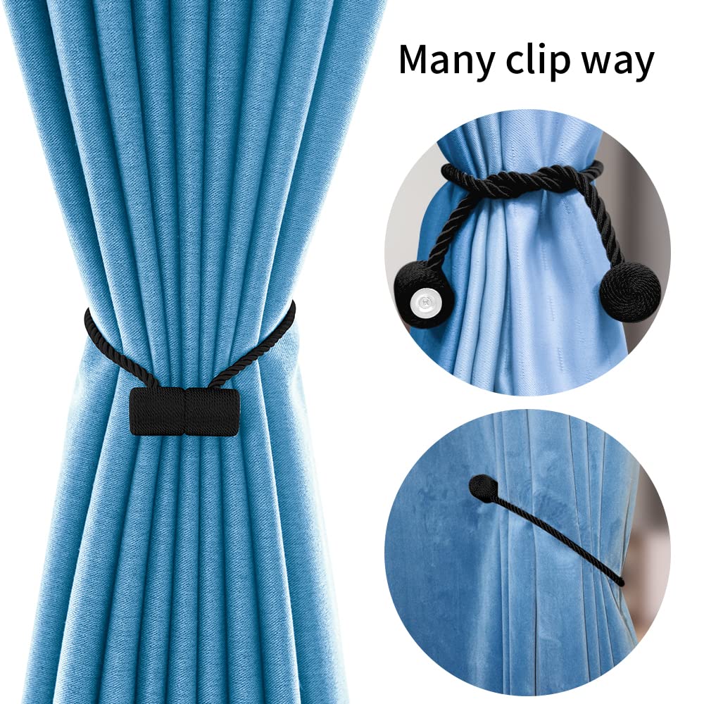 YUNTUOO 18 Inch Strong Magnetic Curtain Tiebacks, Curtain Holdbacks Modern Upgrade Strong 2021 New Twisted Style Decorative Drapery Rope Tie Backs(4 Pack Black)