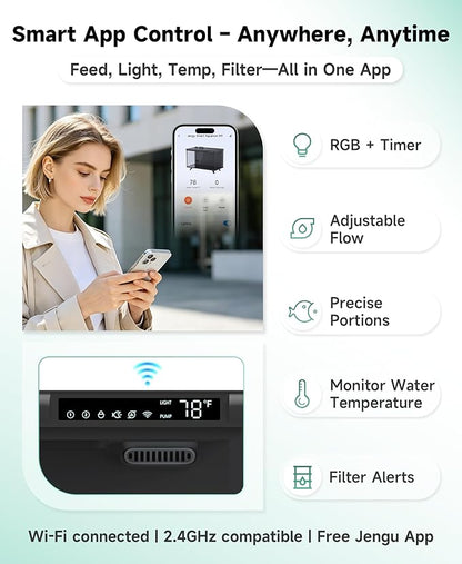 M1 5 Gallon Aquarium Starter Kit, App Control Smart Fish Tank with Filter, Auto Feeder, Quiet Pump, Timer Light, Temp Display, Crystal-Clear Glass Desktop Betta Tank for Guppy Shrimp, Black