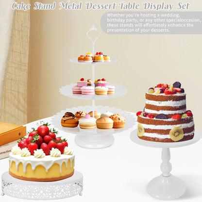 Fivenl 8 Pcs Cake Stand White Metal Dessert Table Display Set, 3-Tier Cupcake Stand, Cake Display Tower and Cookie Tray Rack Serving Tray for Birthday Party, Weddings, Baby Shower (White)