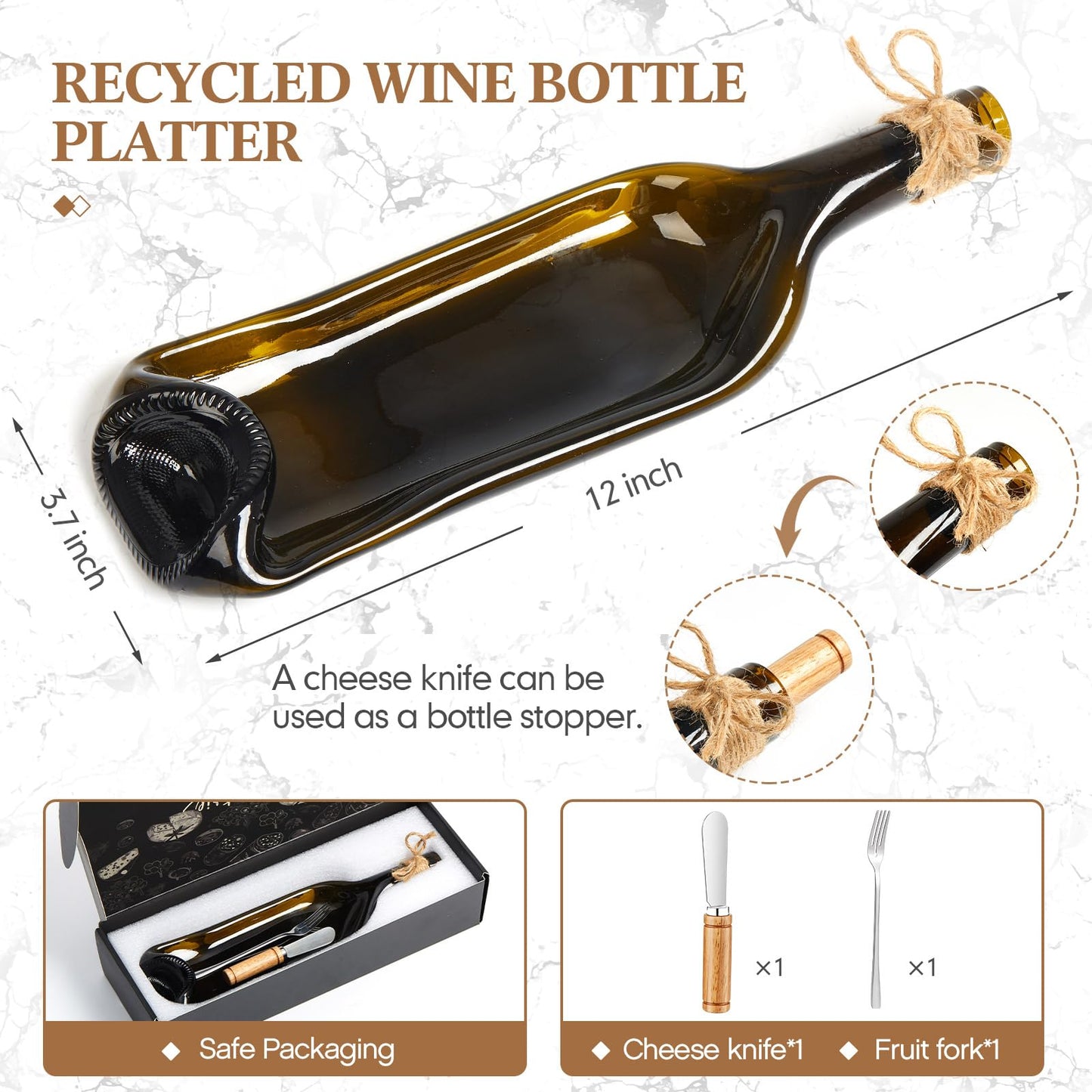 Bokon 1 Pcs Melted Wine Bottle Serving Board Decorative Cheese Tray Charcuterie Board with Knife Fork Cracker Platter Wine Lover Gift for Party Housewarming Supplies (Brown)
