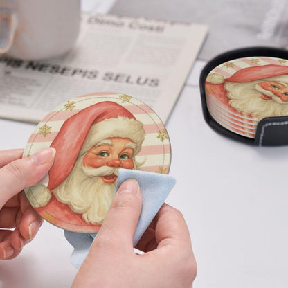 Pink Christmas Santa Claus Striped Coasters for Drinks, Drink Coaster with Holder Set of 6 Round Leather Cup Table Mats for Tabletop Protection Coffee Bar Decor