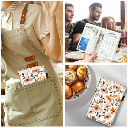 WAVEYU Cute Server Books for Waitress Waiter, Leather Guest Book Note Pad with Zipper, Money Organizer Wallet, Cash Check Bill Receipt Holder Presenter, 8x5 inch, Floral Pattern