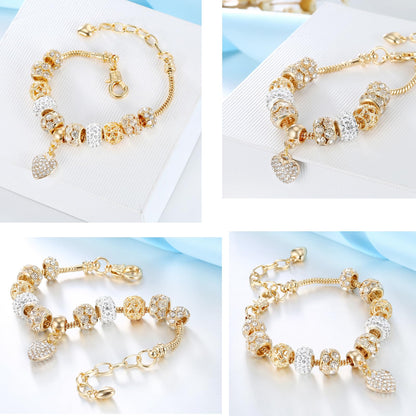 VTEAS 2 Pack Charm Bracelets Pink and Gold Heart Silver Plated Charm Bracelet, DIY Jewelry for Women Gifts, with Beads, Crystal, Charms, Love and Adjustable Snake Chain, Fits 7.5"+1.5"