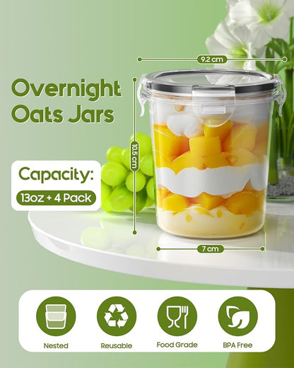 Canfanni Overnight Oats Containers with Lids, 4 Pack 13oz Overnight Oats Jars, Plastic Mason Jars, BPA Free, Portable, Leak Proof Oatmeal Containers for Yogurt, Soup, Cereal, Milk and Salad