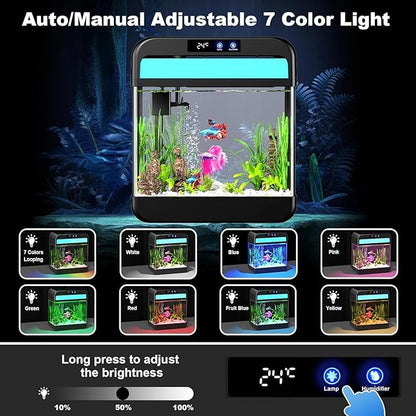 Fish Tank 2.2 Gallon,Small Fish Tanks Kits,Aquarium Fish Tank Starter Kit with 3-in-1 Silent Pump and 7 Color Led Light,with Temperature Display,for Fish,Shrimp,Betta(Black-2.2 Gallon)