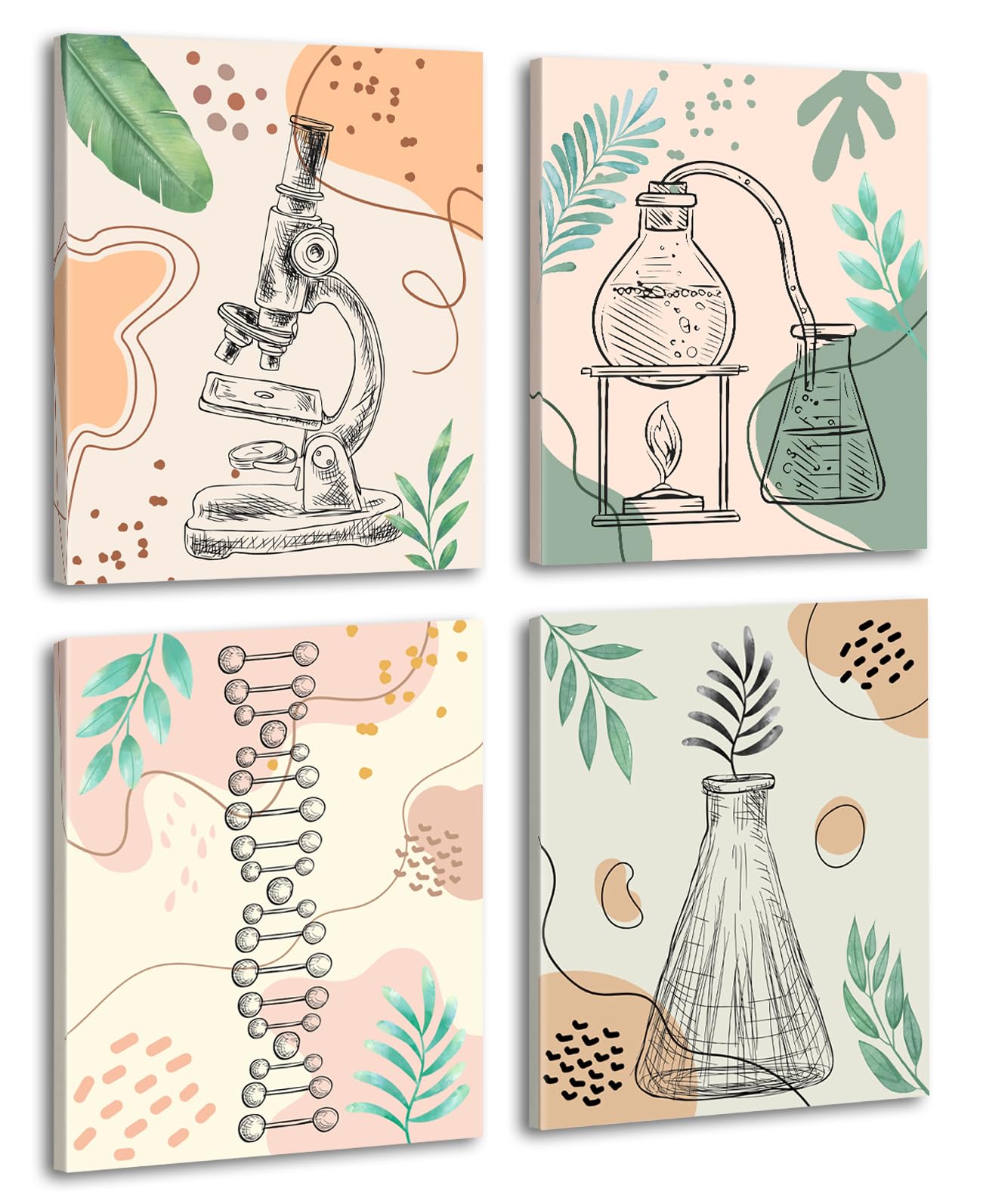 Framed Chemical Science Canvas Art Print,Biology Prints,Chemistry,Science Art Posters,Boho Classroom Wall Art,for Classroom Middle School Laboratory Library Nursery Decor,Set of 4,8"x10"inch ﻿