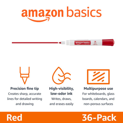 Amazon Basics Low-Odor Dry Erase Whiteboard Markers, Fine Tip, Quick-Dry, Red, 36-Pack