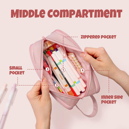 SUNEE Large Capacity Pencil Case with 3 Compartment, Extra Big Pencil Pouch, Pencil Bag with Zipper, Cute High Stationery Organizer, Oxford Pen Box School Supplies for Student Teen Girls Boys, Pink
