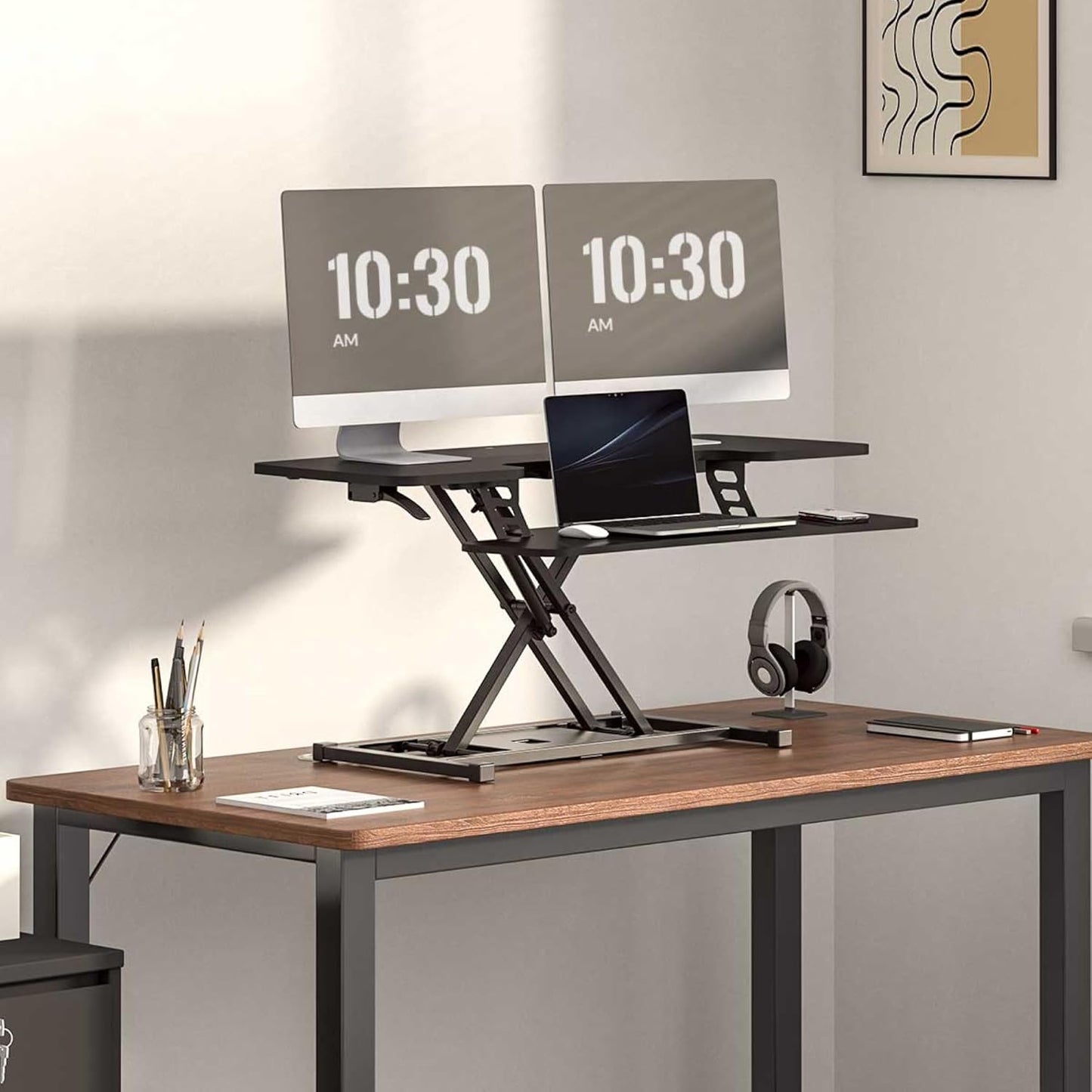 FLEXISPOT Standing Desk Converter 42-inch Spacious Sit to Stand up Dual Monitor and Laptop Riser, Big Size Tabletop Workstation with Large Keyboard Tray, Black